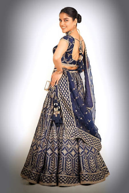 ELEGANT BLUE MALAI SATIN SILK LEHENGA CHOLI SET WITH JARI & DORI EMBROIDERY