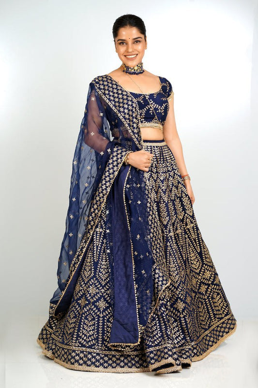 ELEGANT BLUE MALAI SATIN SILK LEHENGA CHOLI SET WITH JARI & DORI EMBROIDERY