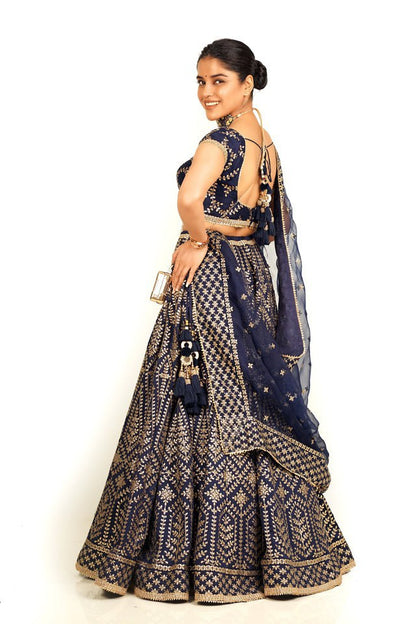 ELEGANT BLUE MALAI SATIN SILK LEHENGA CHOLI SET WITH JARI & DORI EMBROIDERY