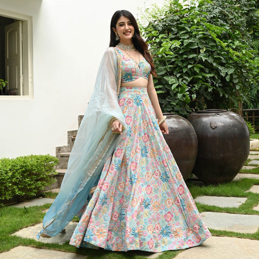 DESIGNER MUSLIN SILK LEHENGA CHOLI SET WITH DIGITAL PRINT & HOOK BEADS WORK