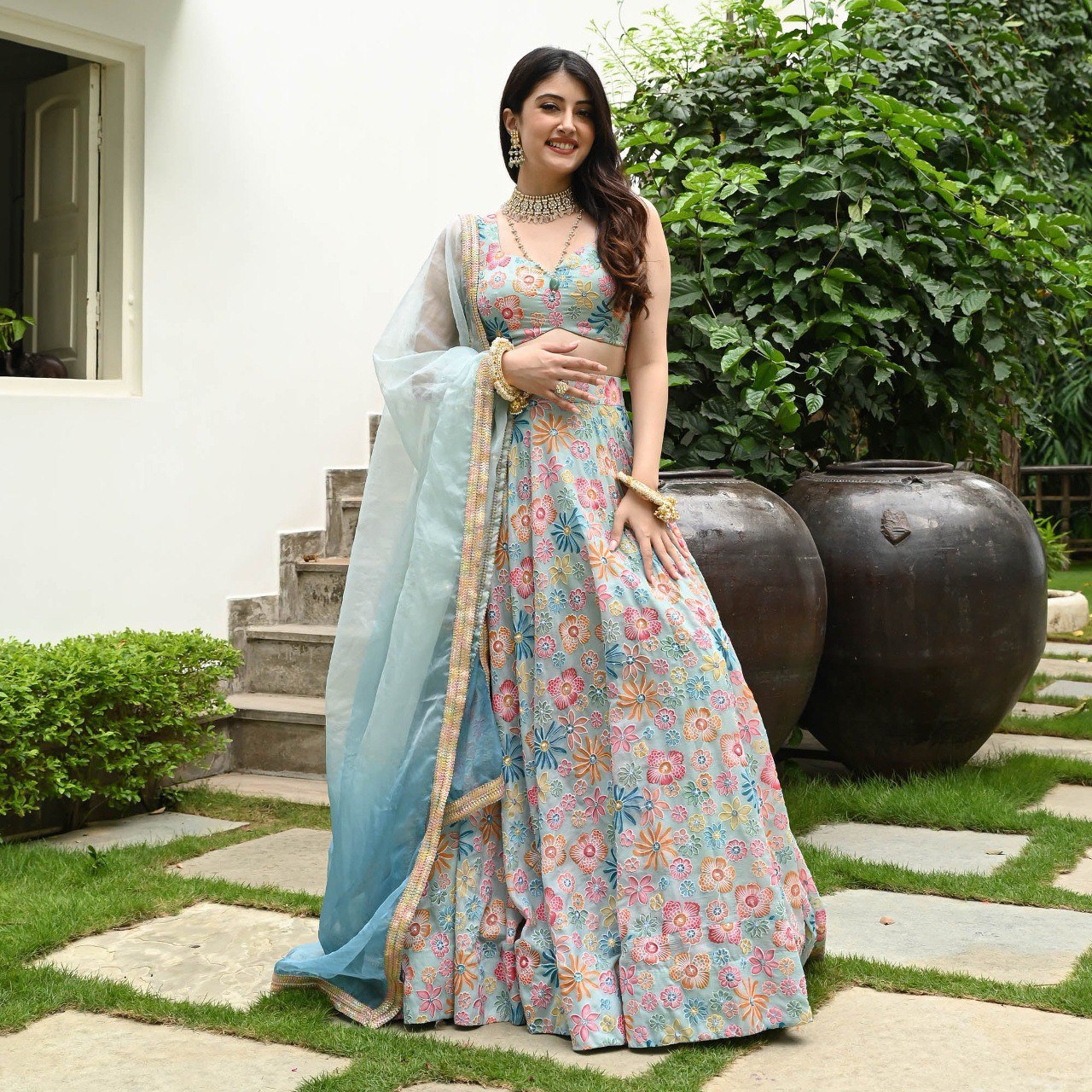 DESIGNER MUSLIN SILK LEHENGA CHOLI SET WITH DIGITAL PRINT & HOOK BEADS WORK