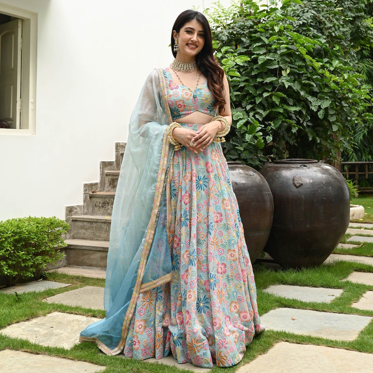 DESIGNER MUSLIN SILK LEHENGA CHOLI SET WITH DIGITAL PRINT & HOOK BEADS WORK
