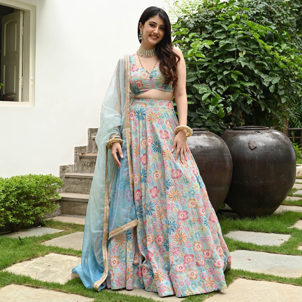 DESIGNER MUSLIN SILK LEHENGA CHOLI SET WITH DIGITAL PRINT & HOOK BEADS WORK