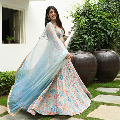 DESIGNER MUSLIN SILK LEHENGA CHOLI SET WITH DIGITAL PRINT & HOOK BEADS WORK