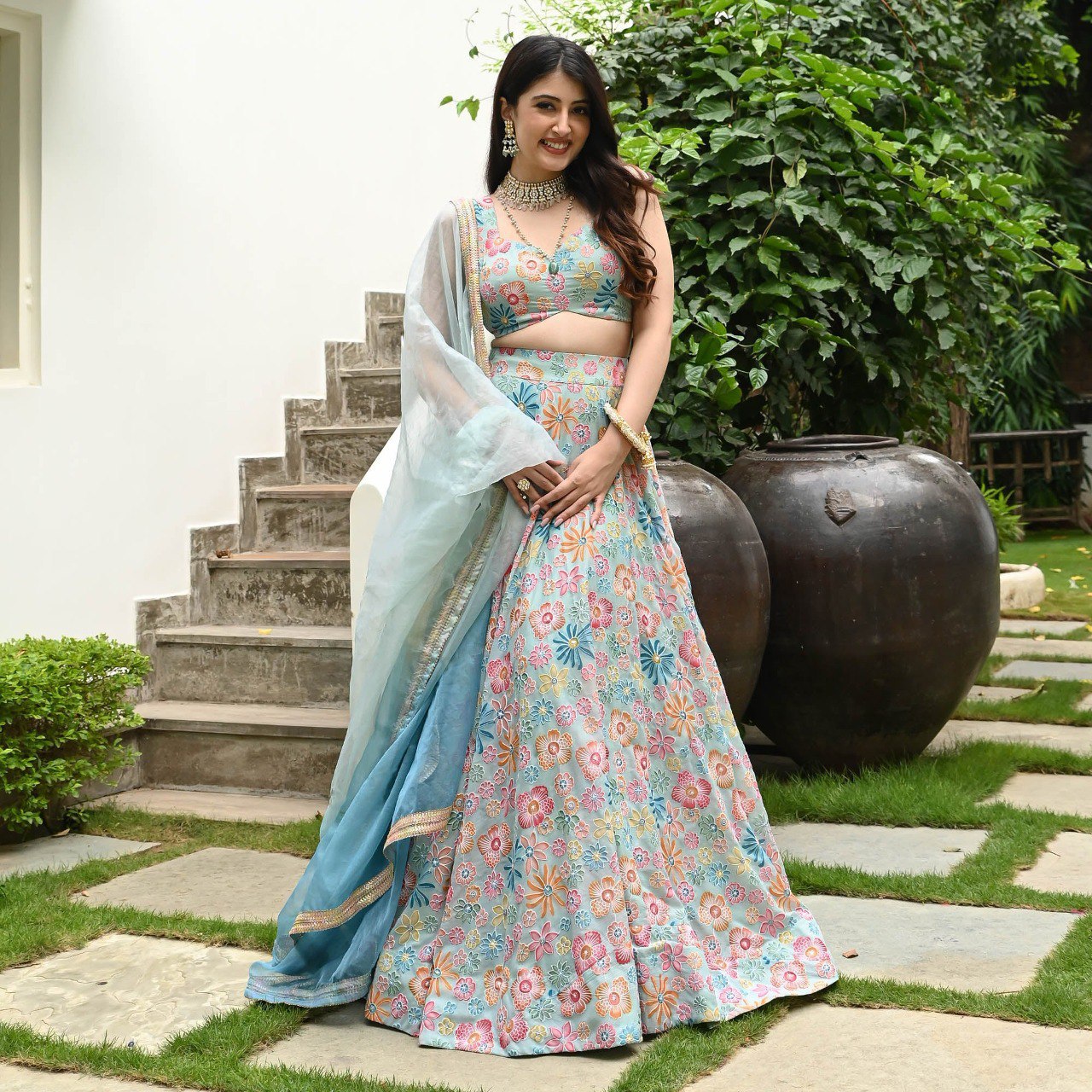 DESIGNER MUSLIN SILK LEHENGA CHOLI SET WITH DIGITAL PRINT & HOOK BEADS WORK