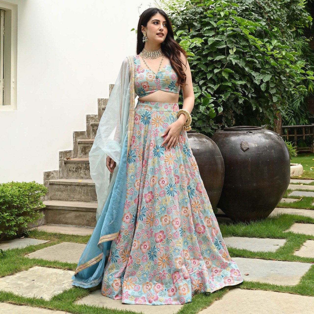 DESIGNER MUSLIN SILK LEHENGA CHOLI SET WITH DIGITAL PRINT & HOOK BEADS WORK