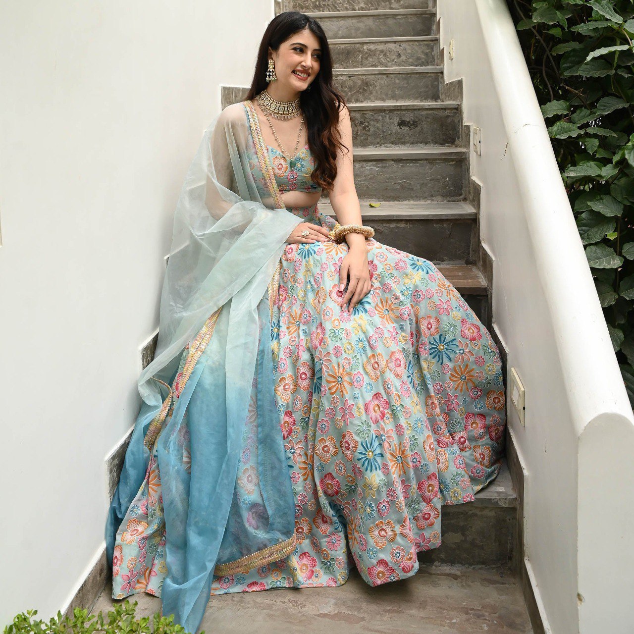 DESIGNER MUSLIN SILK LEHENGA CHOLI SET WITH DIGITAL PRINT & HOOK BEADS WORK