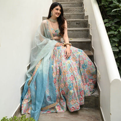 DESIGNER MUSLIN SILK LEHENGA CHOLI SET WITH DIGITAL PRINT & HOOK BEADS WORK