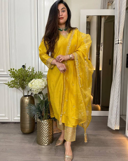 FOR THIS WEDDING SEASON SEQUENCE EMBROIDERED TOP AND PANT WITH ORGANZA DUPATTA