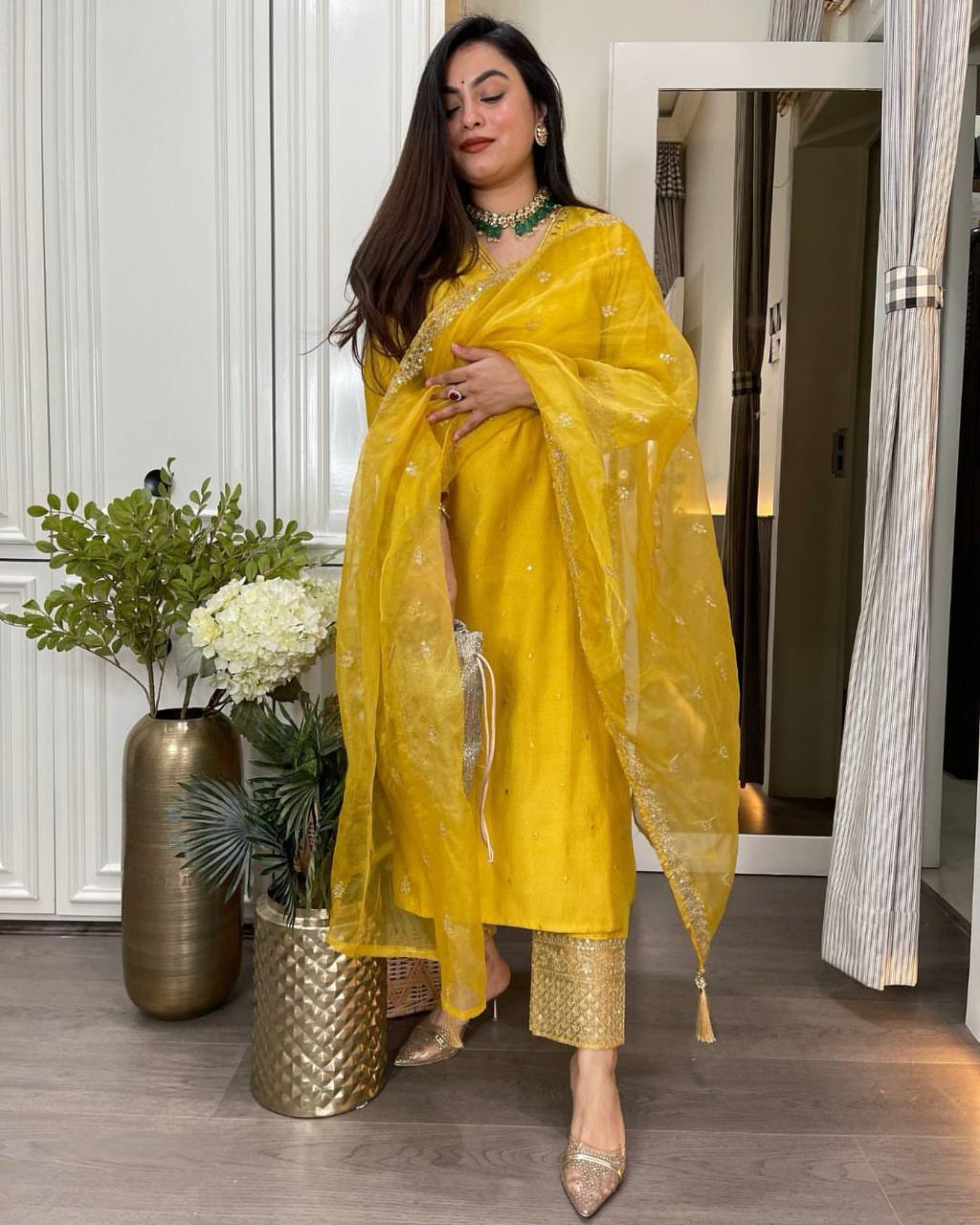 FOR THIS WEDDING SEASON SEQUENCE EMBROIDERED TOP AND PANT WITH ORGANZA DUPATTA