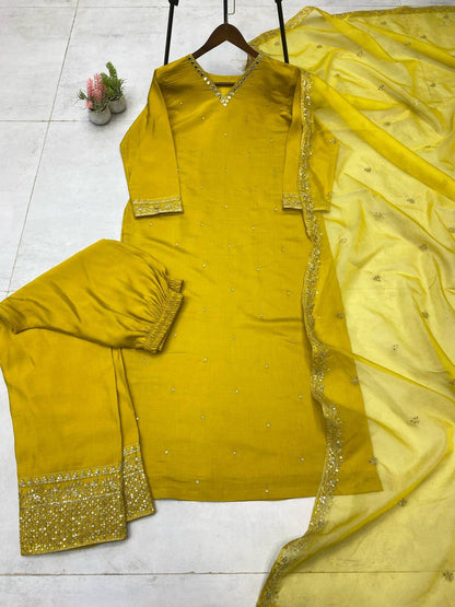 FOR THIS WEDDING SEASON SEQUENCE EMBROIDERED TOP AND PANT WITH ORGANZA DUPATTA