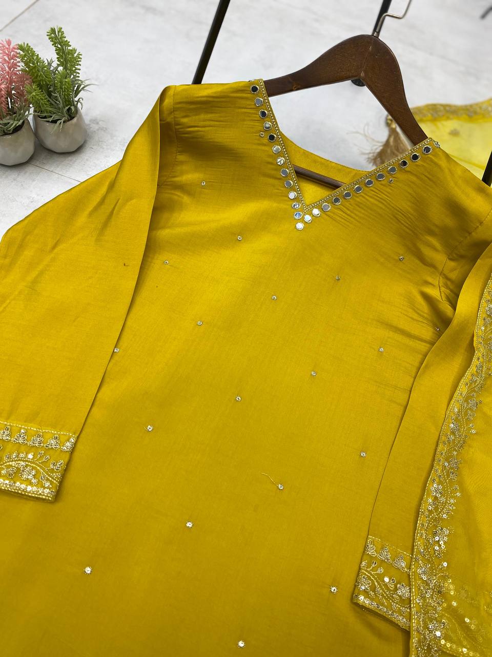 FOR THIS WEDDING SEASON SEQUENCE EMBROIDERED TOP AND PANT WITH ORGANZA DUPATTA
