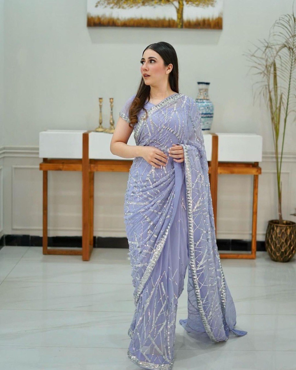 DESIGNER SEQUENCE EMBROIDERED LIGHT LAVENDER SAREE FOR FESTIVE & PARTY WEAR