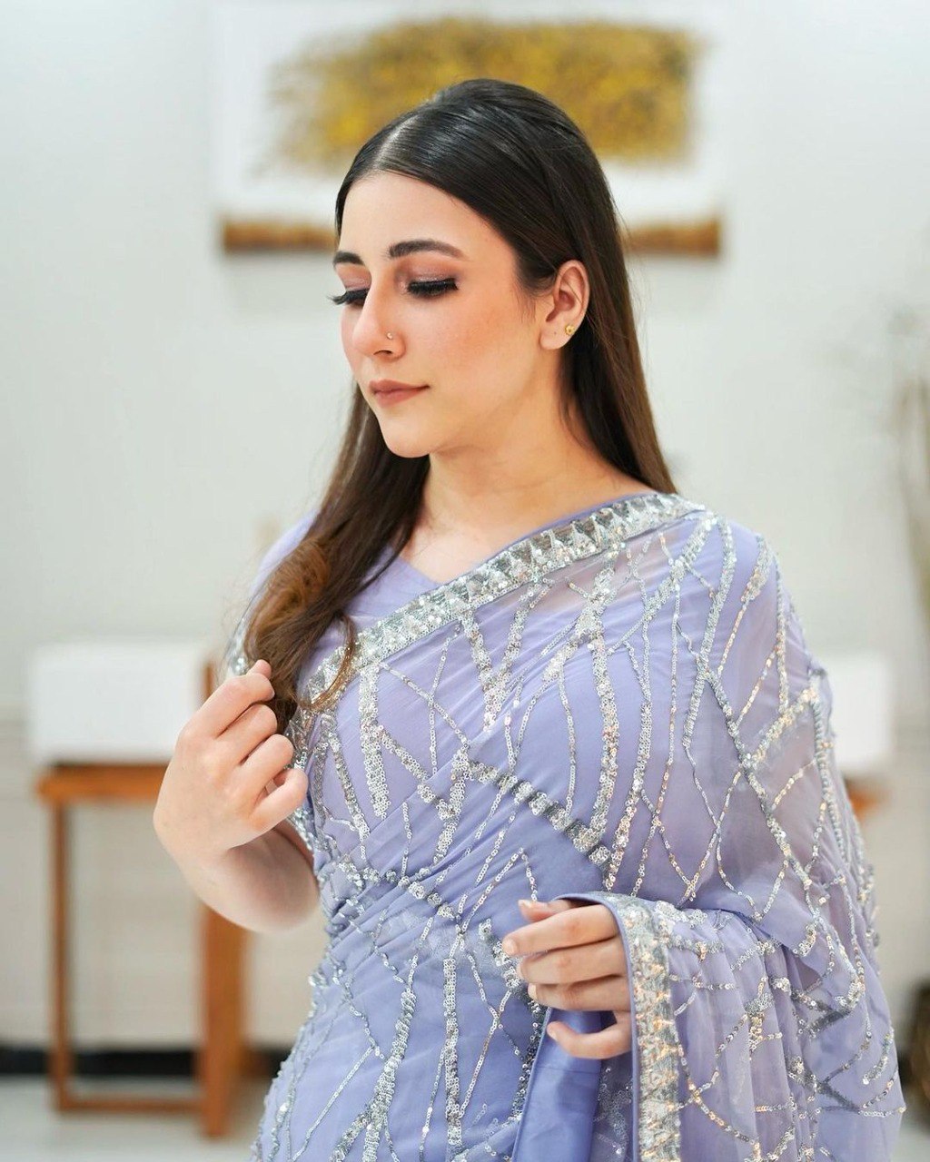DESIGNER SEQUENCE EMBROIDERED LIGHT LAVENDER SAREE FOR FESTIVE & PARTY WEAR