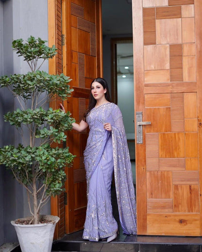 DESIGNER SEQUENCE EMBROIDERED LIGHT LAVENDER SAREE FOR FESTIVE & PARTY WEAR