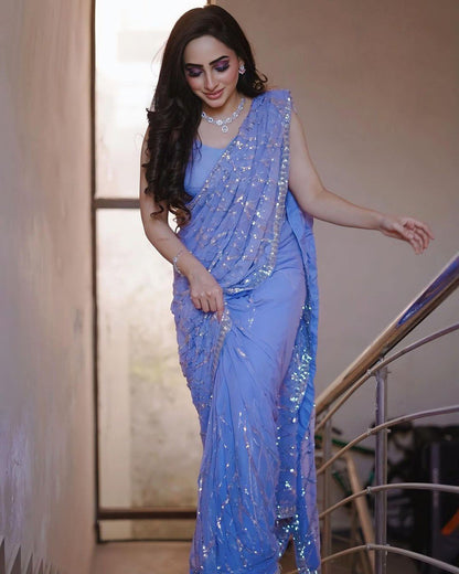 DESIGNER SEQUENCE EMBROIDERED LIGHT LAVENDER SAREE FOR FESTIVE & PARTY WEAR