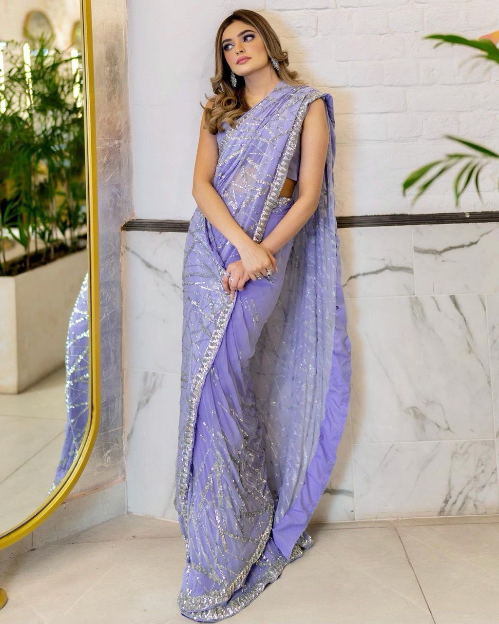 DESIGNER SEQUENCE EMBROIDERED LIGHT LAVENDER SAREE FOR FESTIVE & PARTY WEAR