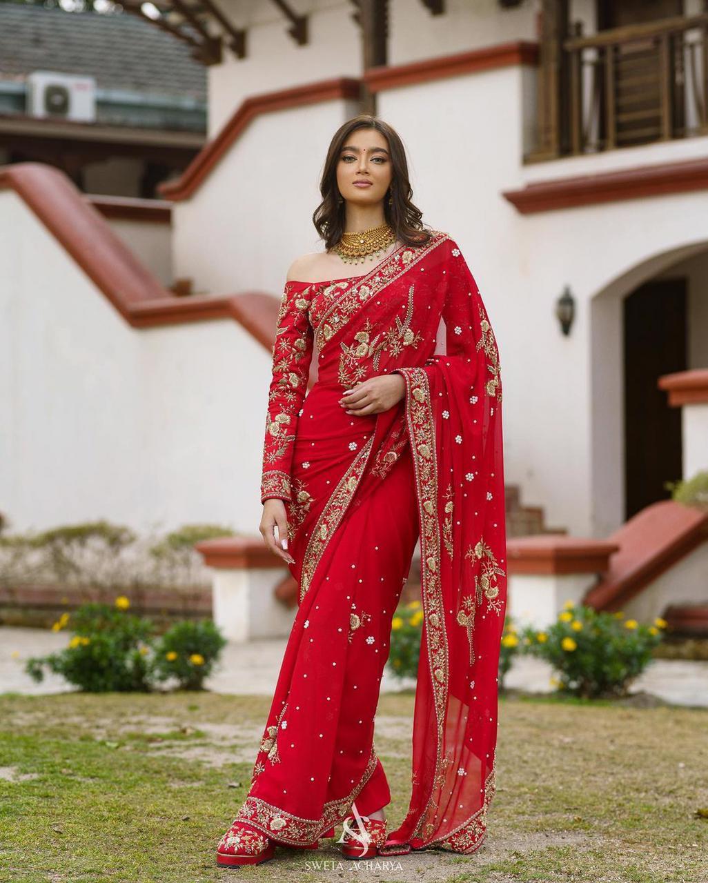 NEW RED DESIGNER PARTY WEAR SAREE