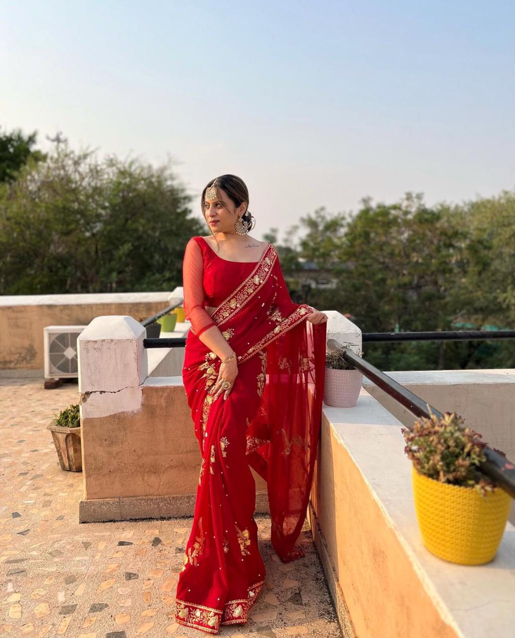 NEW RED DESIGNER PARTY WEAR SAREE