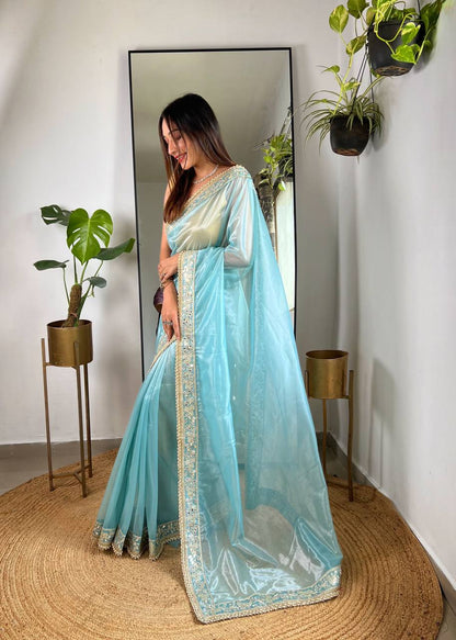 DESIGNER SILVER TISSUE SILK SAREE - A MASTERPIECE OF ELEGANCE