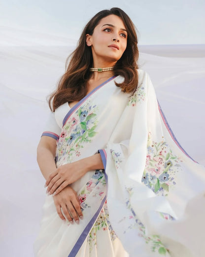 EXCLUSIVE ALIA BHATT - INSPIRED CREAMY LINEN DIGITAL PRINTED SAREE