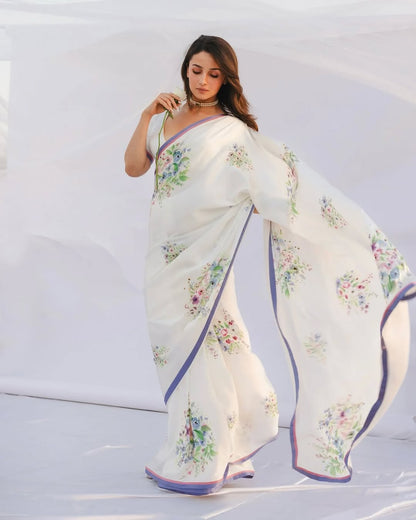 EXCLUSIVE ALIA BHATT - INSPIRED CREAMY LINEN DIGITAL PRINTED SAREE