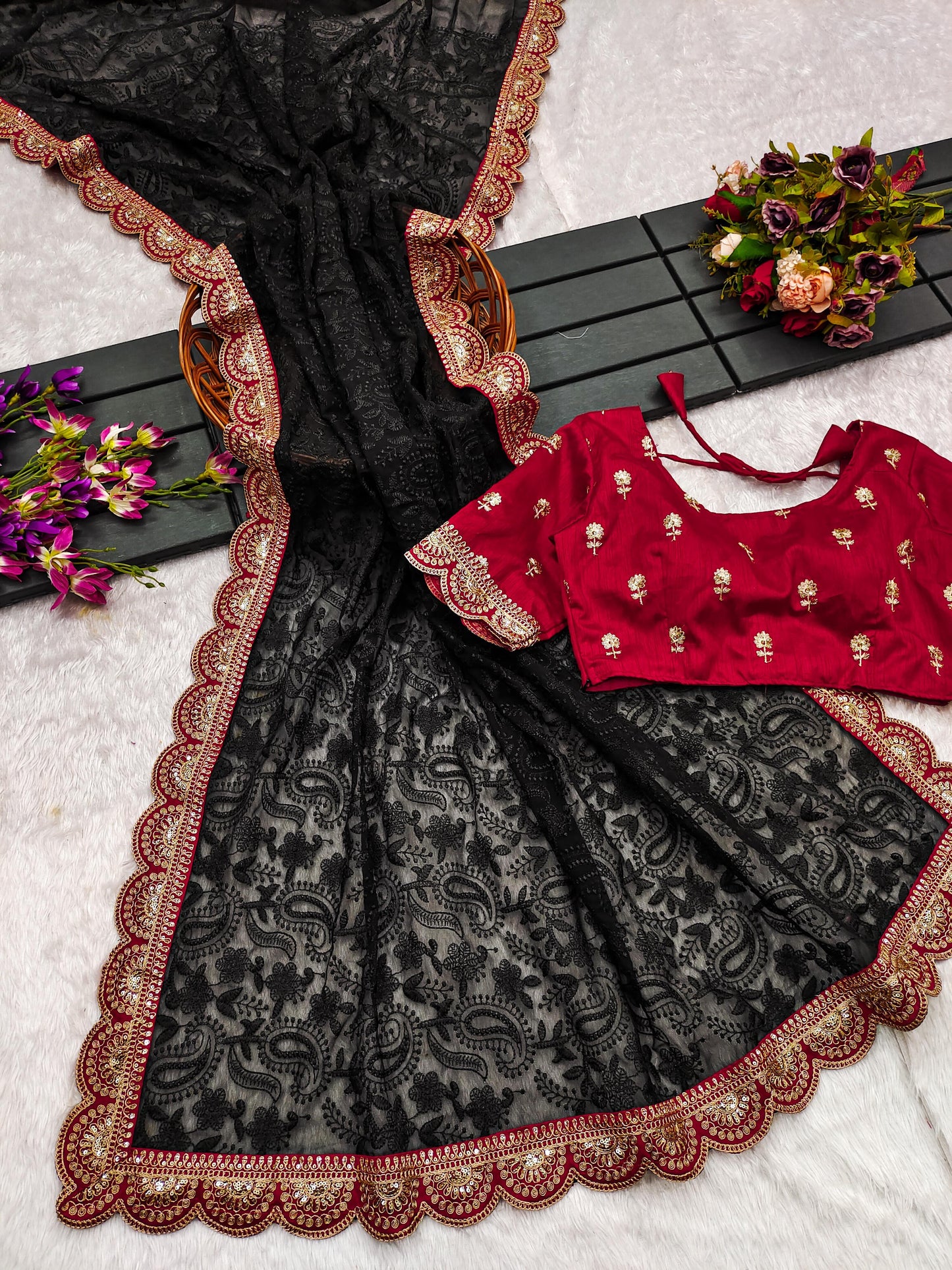 ELEGANT SOFT GEORGETTE SAREE WITH EXQUISITE CHIKANKARI JAAL EMBROIDERY & CONTRASTING RED BLOUSE