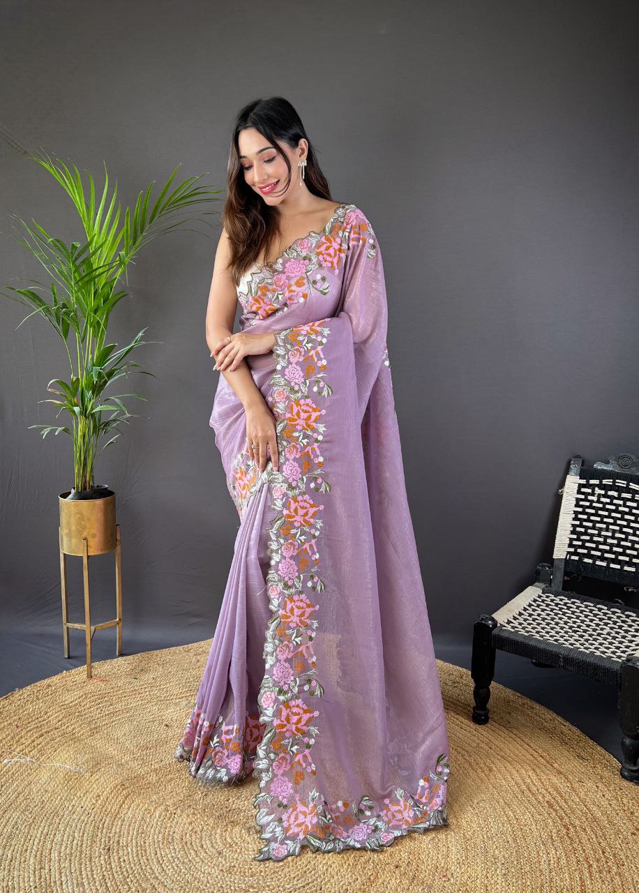 ELEGANT SOFT GLOSSY SILK SAREE WITH CROSS STITCH FLORAL EMBROIDERY