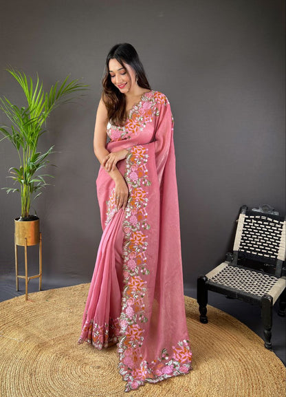 ELEGANT SOFT GLOSSY SILK SAREE WITH CROSS STITCH FLORAL EMBROIDERY