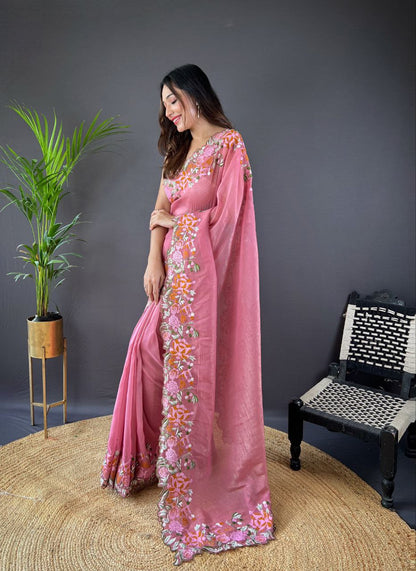 ELEGANT SOFT GLOSSY SILK SAREE WITH CROSS STITCH FLORAL EMBROIDERY