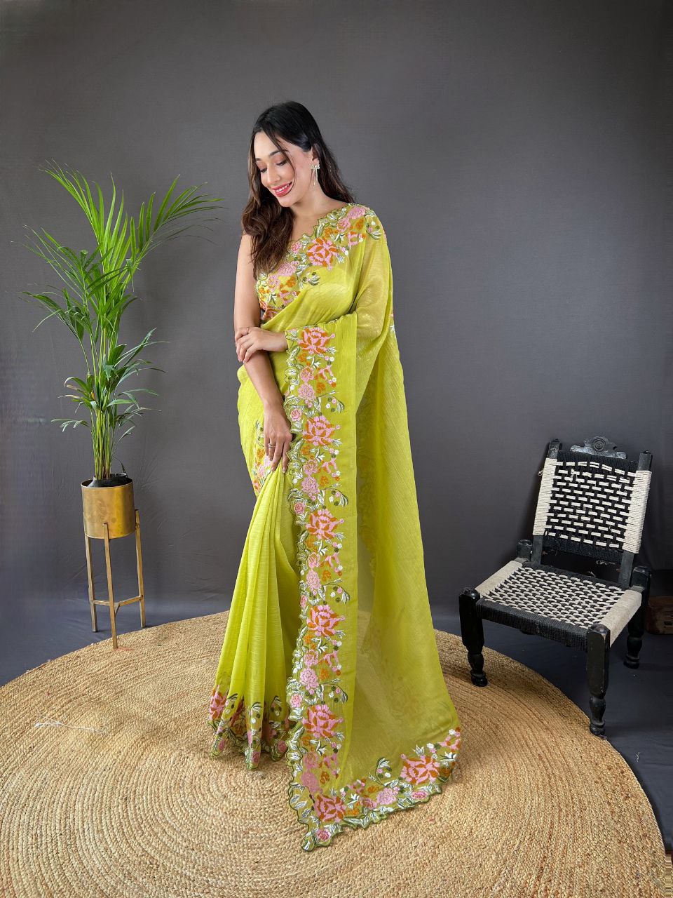 ELEGANT SOFT GLOSSY SILK SAREE WITH CROSS STITCH FLORAL EMBROIDERY