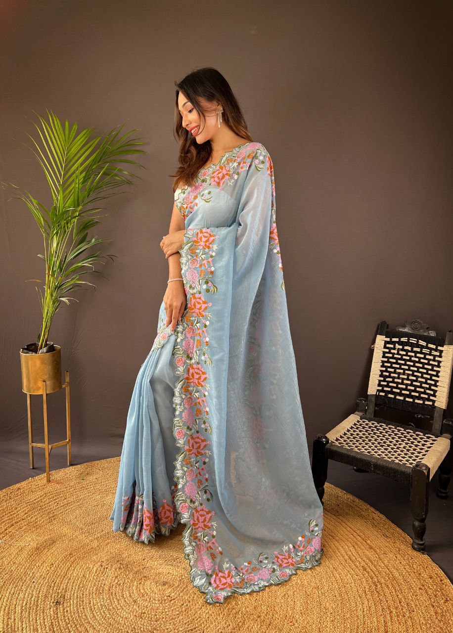 ELEGANT SOFT GLOSSY SILK SAREE WITH CROSS STITCH FLORAL EMBROIDERY