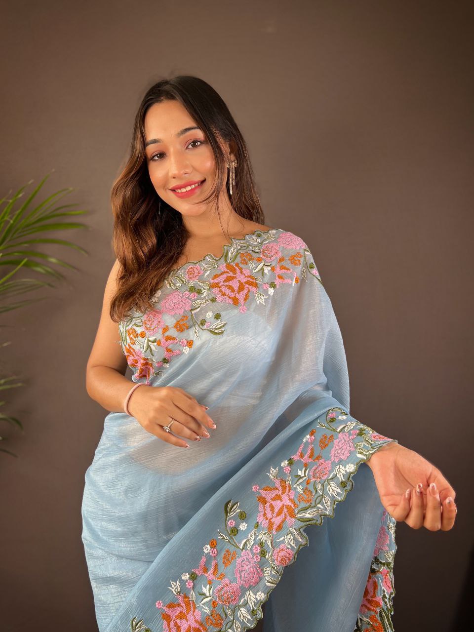 ELEGANT SOFT GLOSSY SILK SAREE WITH CROSS STITCH FLORAL EMBROIDERY