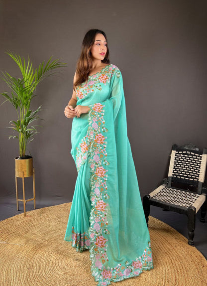 ELEGANT SOFT GLOSSY SILK SAREE WITH CROSS STITCH FLORAL EMBROIDERY