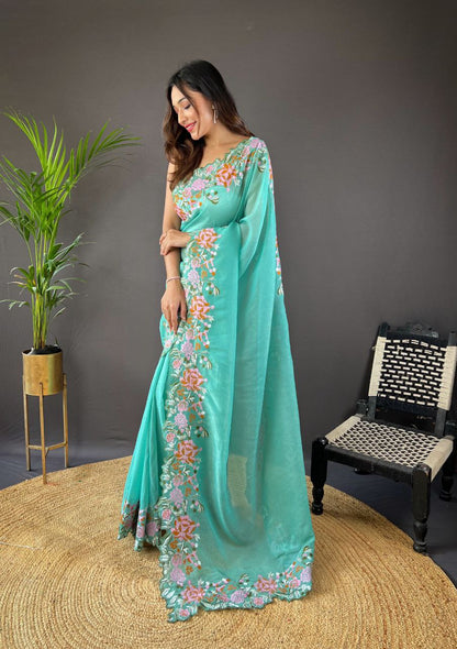 ELEGANT SOFT GLOSSY SILK SAREE WITH CROSS STITCH FLORAL EMBROIDERY