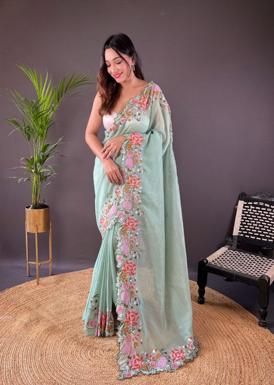 ELEGANT SOFT GLOSSY SILK SAREE WITH CROSS STITCH FLORAL EMBROIDERY