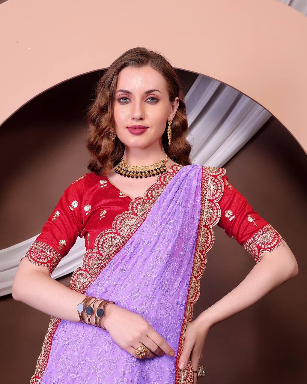 ELEGANT SOFT GEORGETTE SAREE WITH EXQUISITE CHIKANKARI JAAL EMBROIDERY & CONTRASTING RED BLOUSE