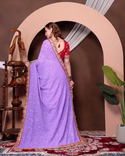 ELEGANT SOFT GEORGETTE SAREE WITH EXQUISITE CHIKANKARI JAAL EMBROIDERY & CONTRASTING RED BLOUSE