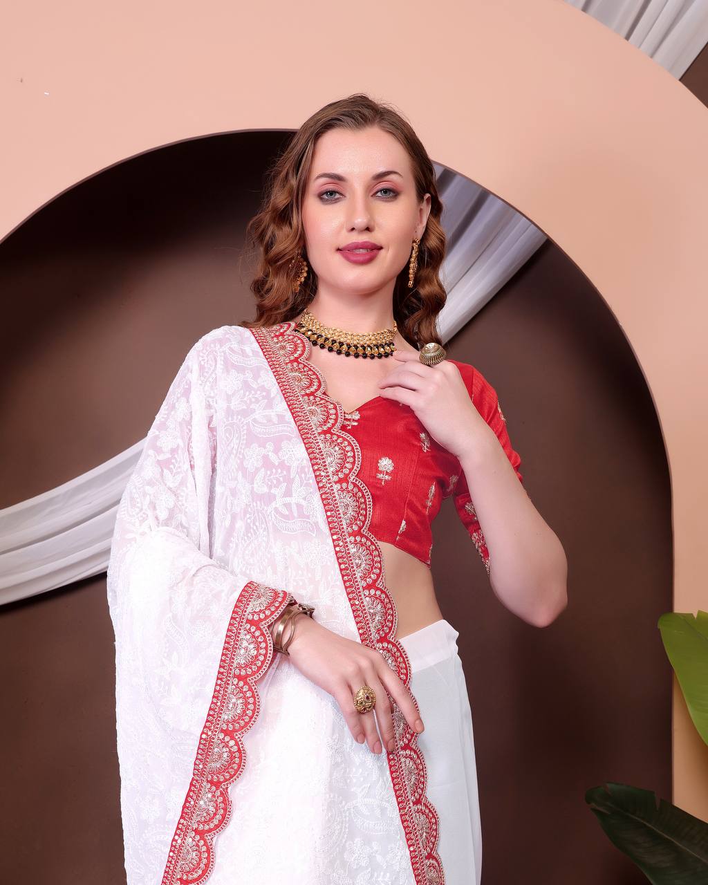 ELEGANT SOFT GEORGETTE SAREE WITH EXQUISITE CHIKANKARI JAAL EMBROIDERY & CONTRASTING RED BLOUSE