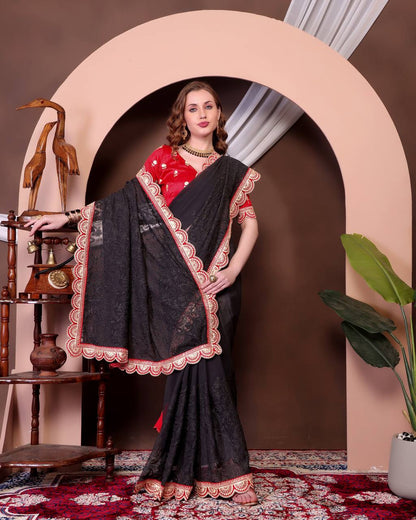 ELEGANT SOFT GEORGETTE SAREE WITH EXQUISITE CHIKANKARI JAAL EMBROIDERY & CONTRASTING RED BLOUSE