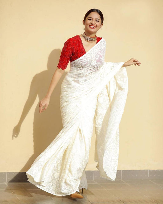 SUMMER HOT FANCY GEORGETTE SAREE WITH CHAINSTITCHED & STONE WORK