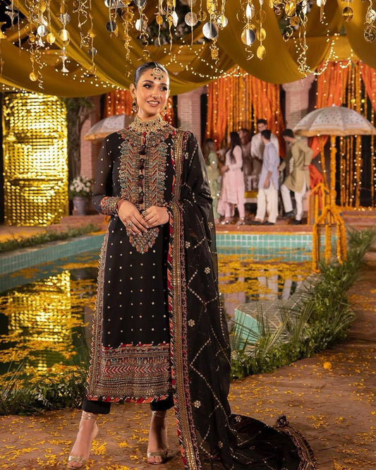 EID SPECIAL FAUX GEORGETTE SEQUIN EMBROIDERED SUIT WITH STITCHED PANTS & DUPATTA