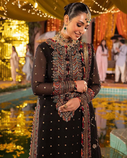 EID SPECIAL FAUX GEORGETTE SEQUIN EMBROIDERED SUIT WITH STITCHED PANTS & DUPATTA
