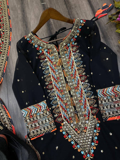 EID SPECIAL FAUX GEORGETTE SEQUIN EMBROIDERED SUIT WITH STITCHED PANTS & DUPATTA