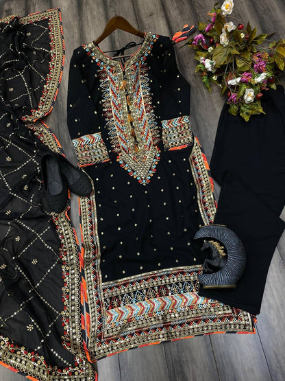 EID SPECIAL FAUX GEORGETTE SEQUIN EMBROIDERED SUIT WITH STITCHED PANTS & DUPATTA