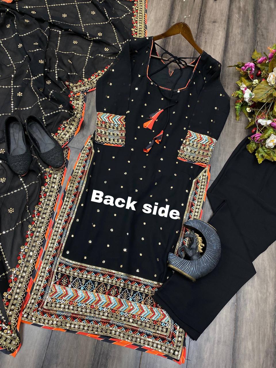 EID SPECIAL FAUX GEORGETTE SEQUIN EMBROIDERED SUIT WITH STITCHED PANTS & DUPATTA