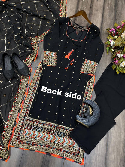 EID SPECIAL FAUX GEORGETTE SEQUIN EMBROIDERED SUIT WITH STITCHED PANTS & DUPATTA