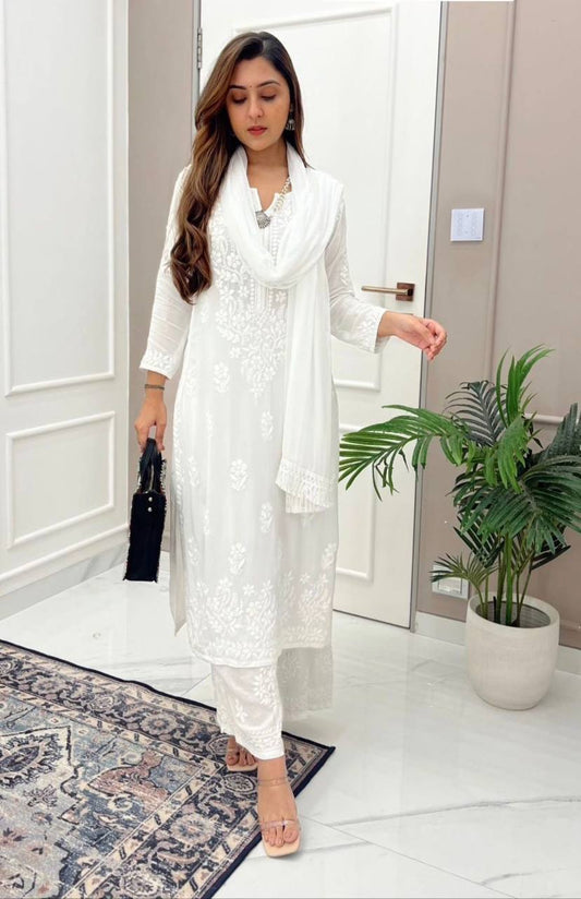 DESIGNER SUMMER WEAR – EMBROIDERED MASLIN TOP, PLAZO &amp; DUPATTA