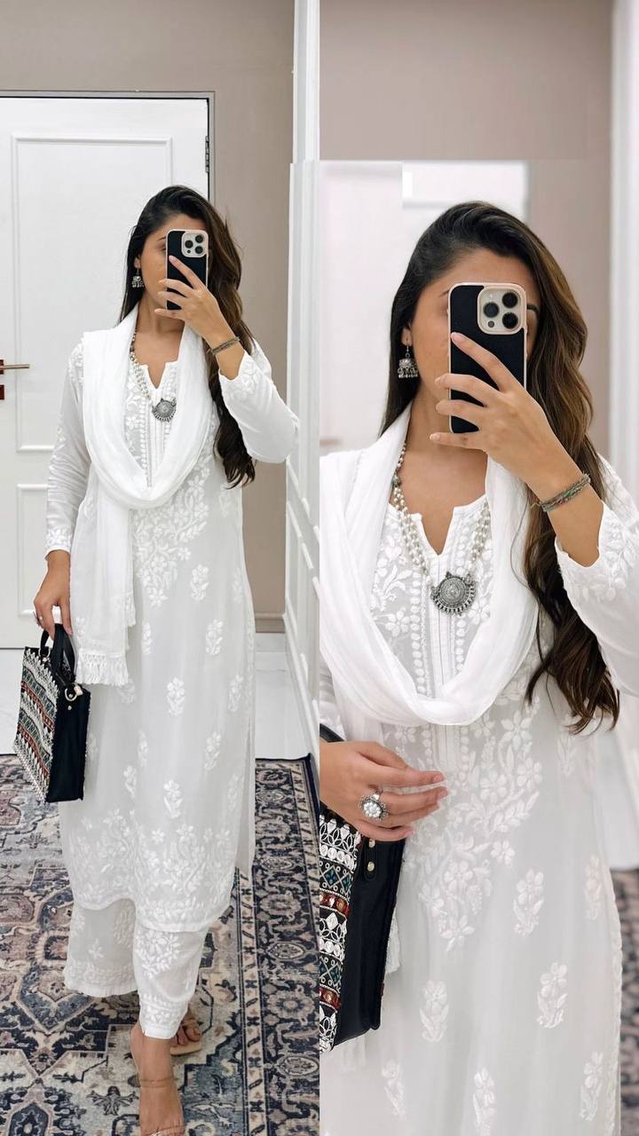 DESIGNER SUMMER WEAR – EMBROIDERED MASLIN TOP, PLAZO &amp; DUPATTA