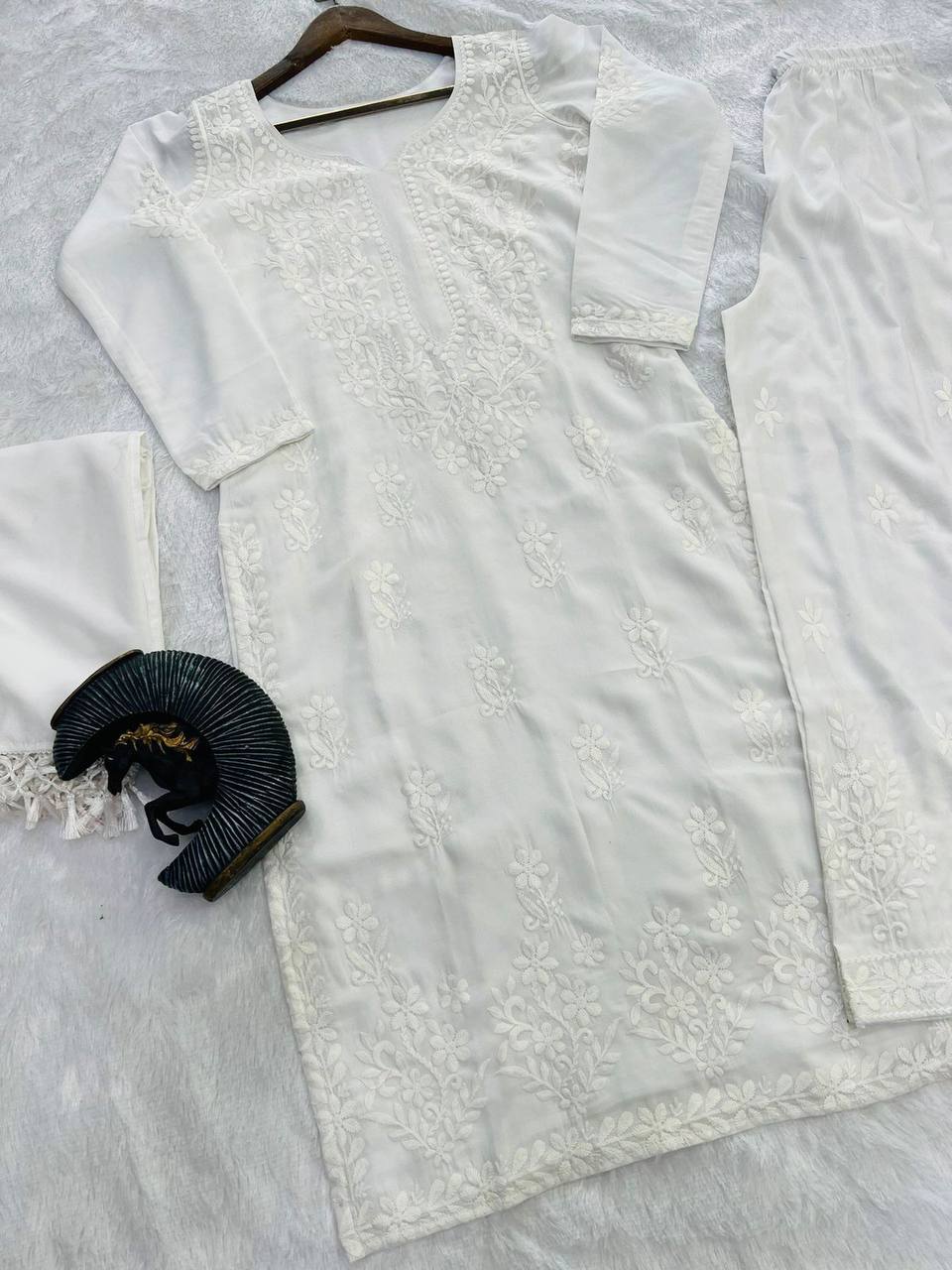 DESIGNER SUMMER WEAR – EMBROIDERED MASLIN TOP, PLAZO &amp; DUPATTA